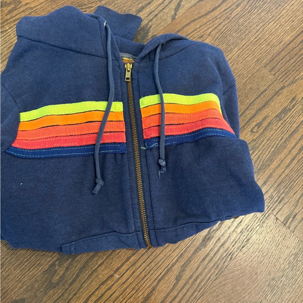 Vintage Navy Hoodie with Rainbow Stripes